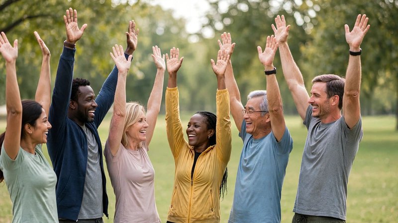 A diverse group of people outdoors with their arms raised, smiling