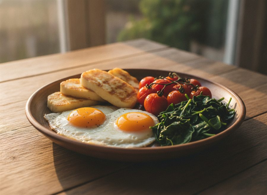 Fried Halloumi with Eggs & Tomatoes