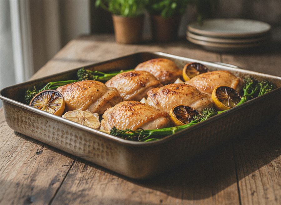 Lemon & Garlic Roast Chicken Thighs with Greens