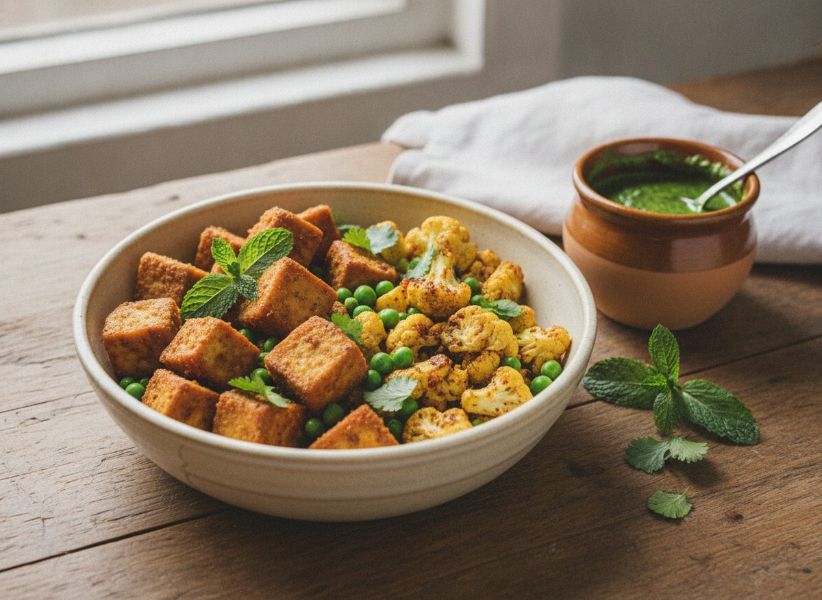 Samosa-Spiced Tofu, Pea & Cauliflower Bowl
