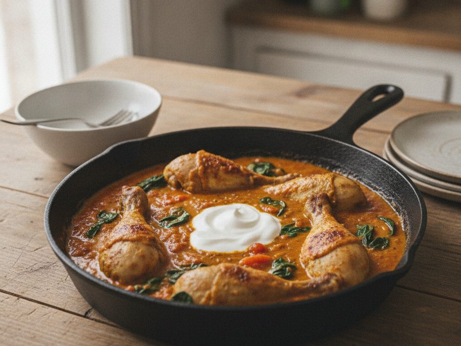 Curried Chicken Drumsticks with Spinach