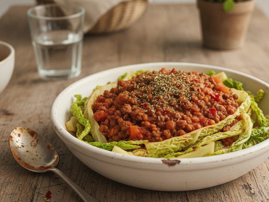 Beef & Lentil Bolognese with Cabbage Ribbons