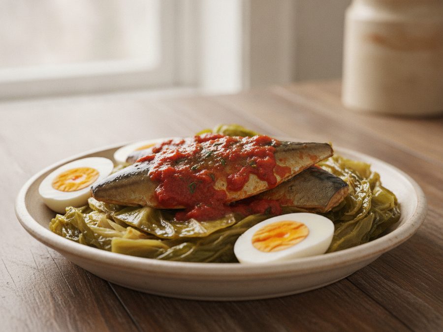 Mackerel in Tomato Sauce with Braised Cabbage