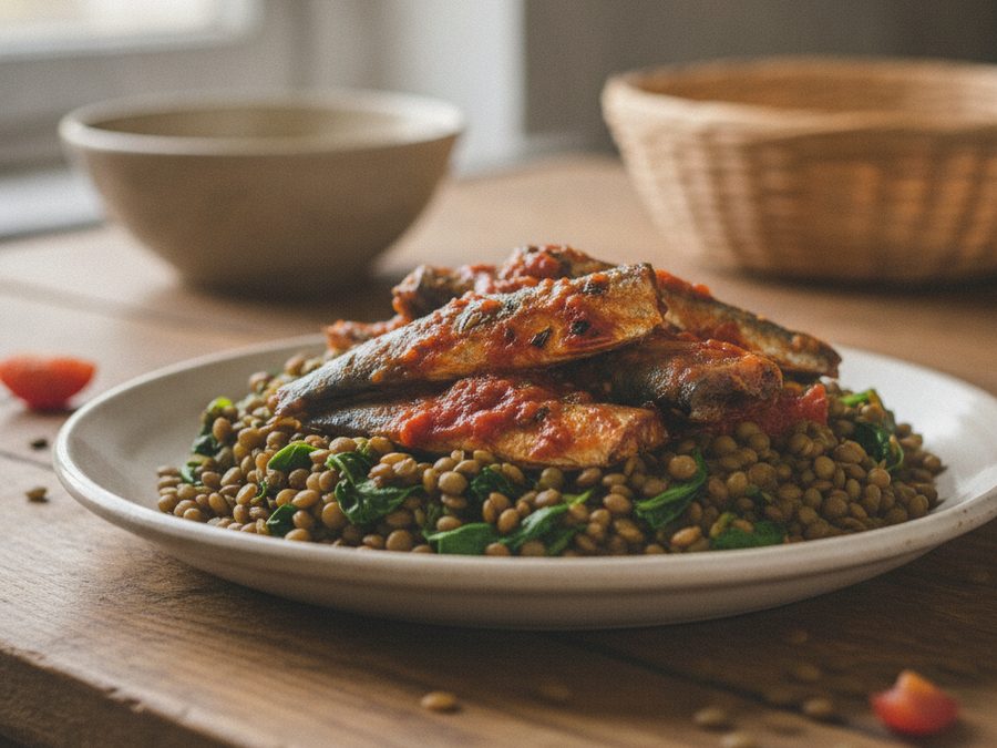 Pilchards on Spiced Lentils