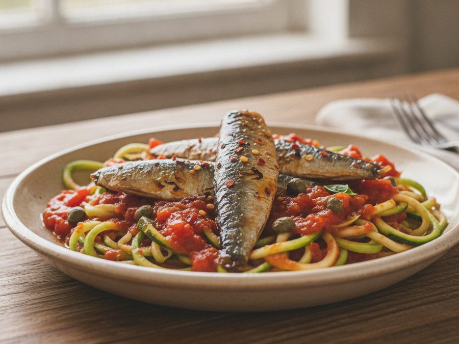 Sardine Puttanesca with Courgetti