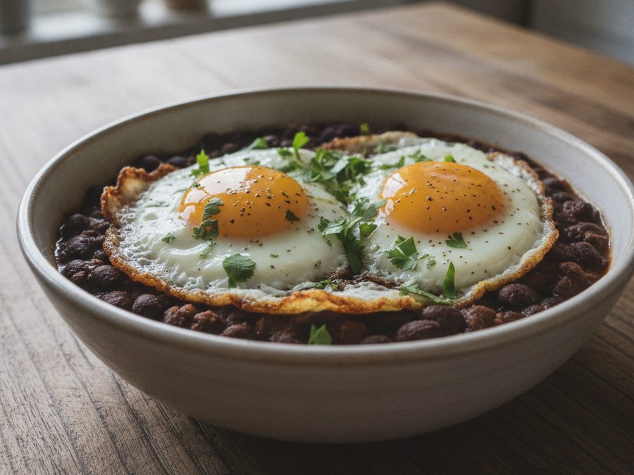 Black Bean Chilli with Fried Eggs
