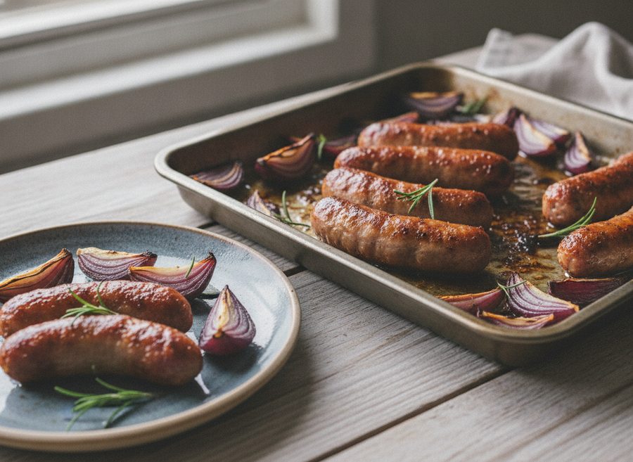 Oven-Baked Sausages and Onions