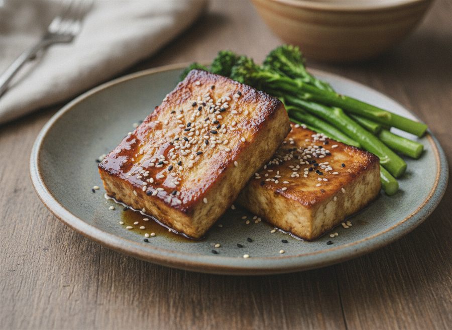 Baked Marinated Tofu Steaks with Tenderstem