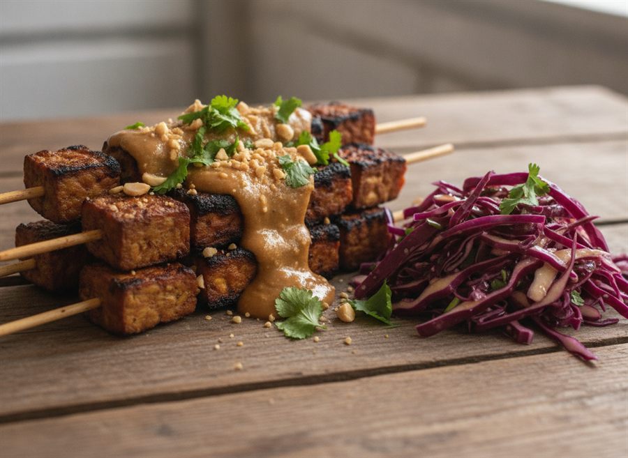 Tempeh Satay Skewers with Crunchy Slaw