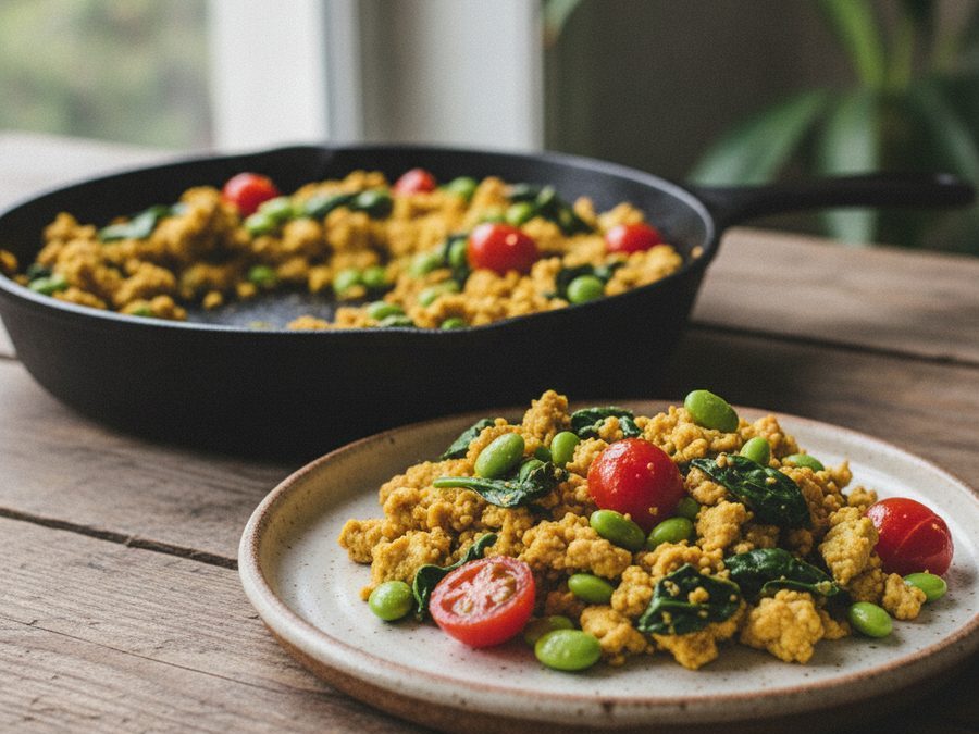 Big Tofu Scramble with Edamame & Spinach