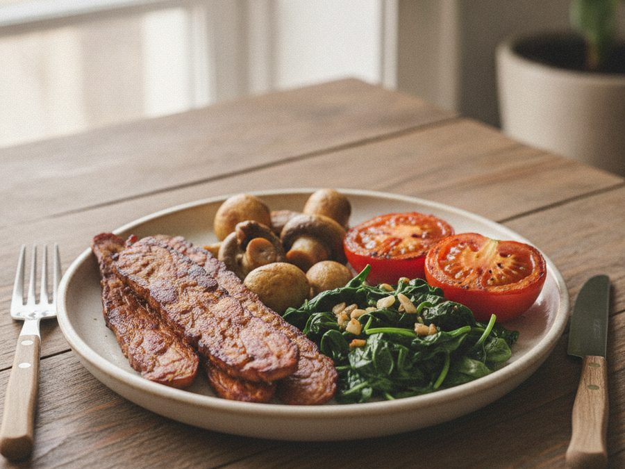 Smoky Tempeh Rashers with Mushrooms & Tomatoes