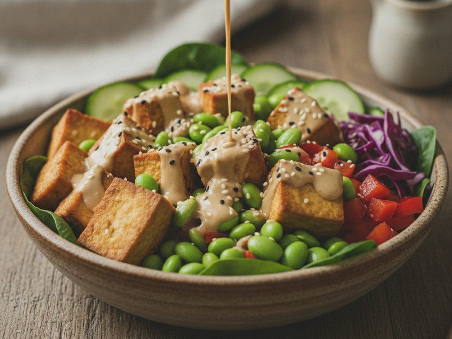 Smoked Tofu & Edamame Salad with Tahini Dressing