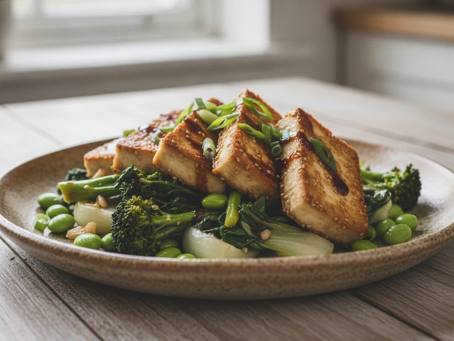 Crispy Sesame Tofu with Garlic Greens & Edamame
