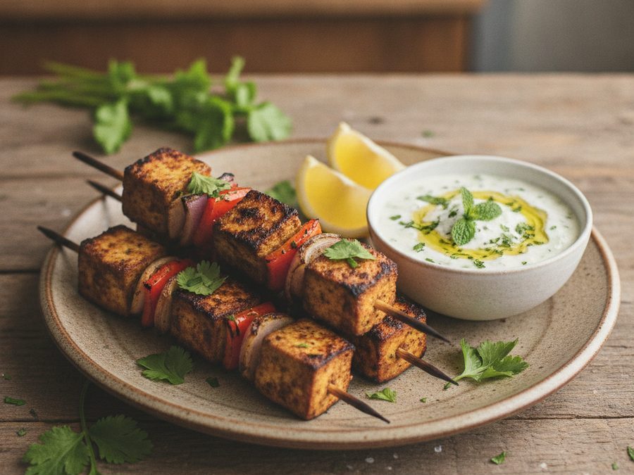 Tofu Tikka Skewers with Cucumber Raita