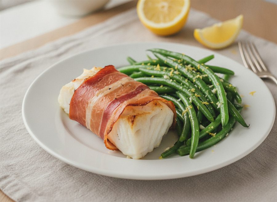 Baked Cod Wrapped in Parma Ham with Buttered Green Beans